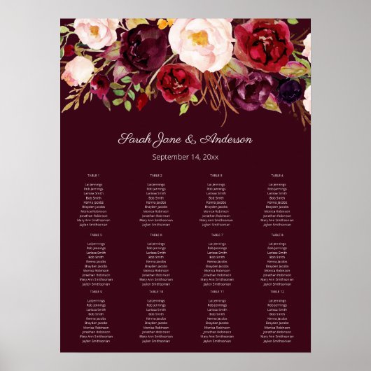 Burgundy Blush Floral Seating Chart 12 Poster (Voorkant)