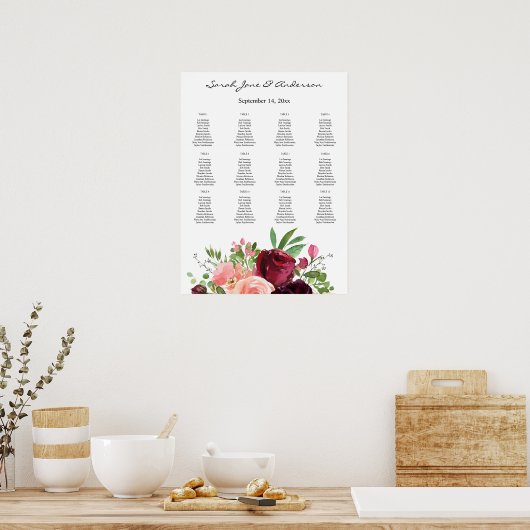 Burgundy & Blush Floral Seating Chart Poster (Keuken)