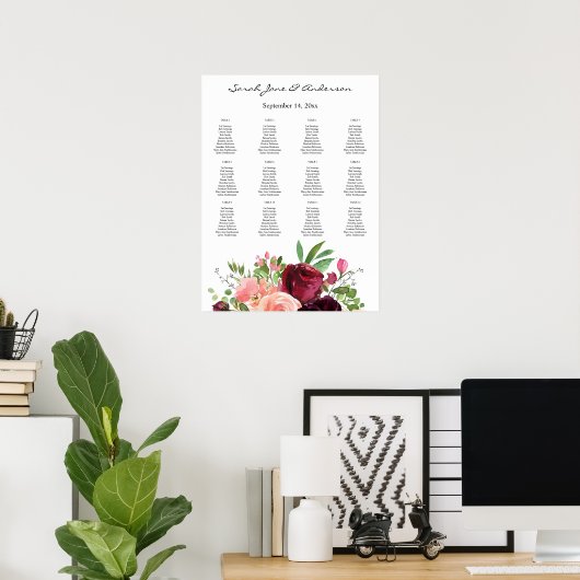 Burgundy & Blush Floral Seating Chart Poster (Thuiskantoor)