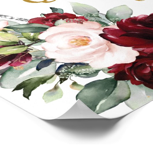 Burgundy Blush Floral Silver Quinceañera Welkom Poster (Hoek)