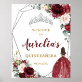 Burgundy Blush Floral Silver Quinceañera Welkom Poster (Voorkant)