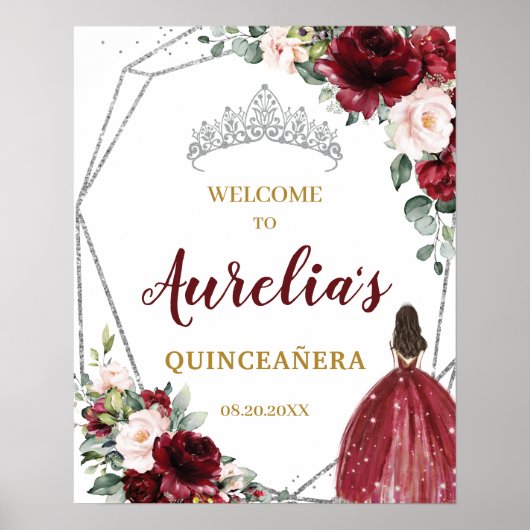 Burgundy Blush Floral Silver Quinceañera Welkom Poster (Voorkant)
