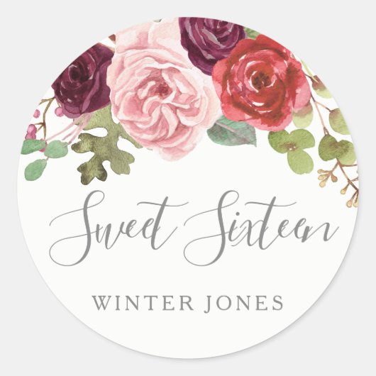 Burgundy Blush Floral Sweet 16 Favor Seal Ronde Sticker (Voorkant)