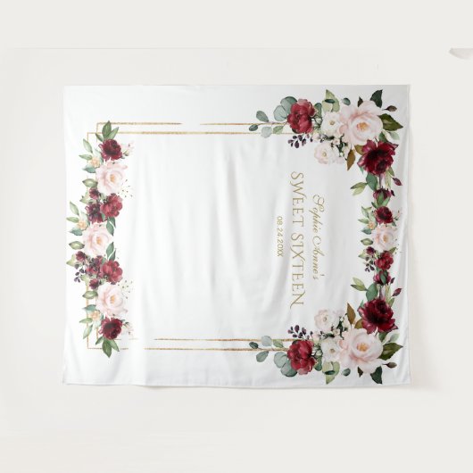 Burgundy Blush Floral Sweet Sixteen Foto Prop Wandkleed (Voorkant (horizontaal))