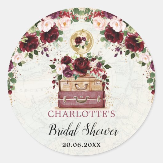 Burgundy Blush Floral Travel Vrijgezellenfeest Fav Ronde Sticker (Voorkant)