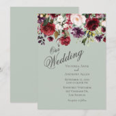 Burgundy Blush Floral Waterverf Green Wedding Kaart (Voorkant / Achterkant)