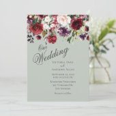 Burgundy Blush Floral Waterverf Green Wedding Kaart (Staand voorkant)