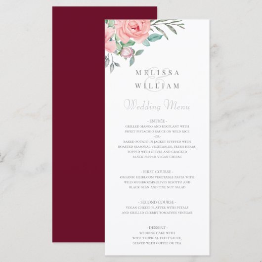 Burgundy Blush Floral Waterverf Wedding Menu (Voorkant / Achterkant)