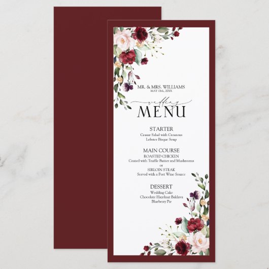 Burgundy Blush Floral Waterverf Weduwschap Menu (Voorkant / Achterkant)