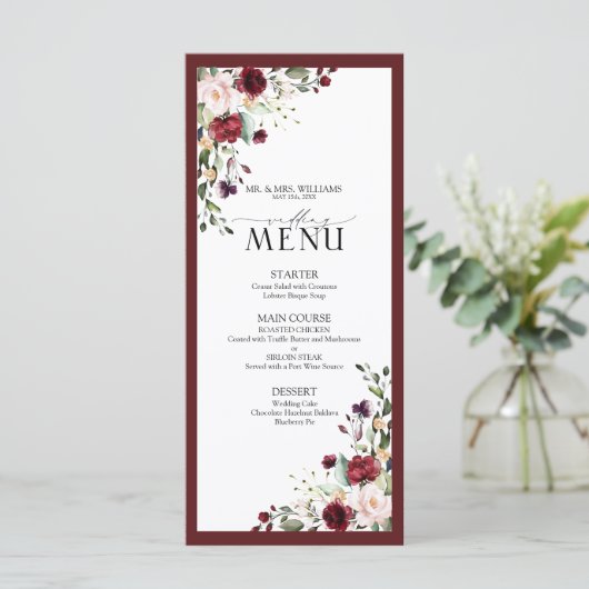Burgundy Blush Floral Waterverf Weduwschap Menu (Staand voorkant)