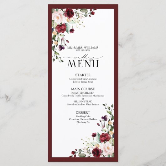 Burgundy Blush Floral Waterverf Weduwschap Menu (Voorkant)