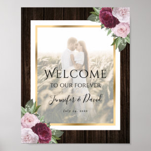 Burgundy Blush Floral Weddenschap Foto Welkomsttek Poster
