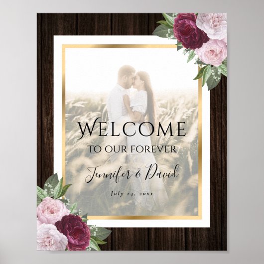 Burgundy Blush Floral Weddenschap Foto Welkomsttek Poster (Voorkant)