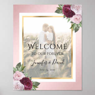 Burgundy Blush Floral Weddenschap Foto Welkomsttek Poster