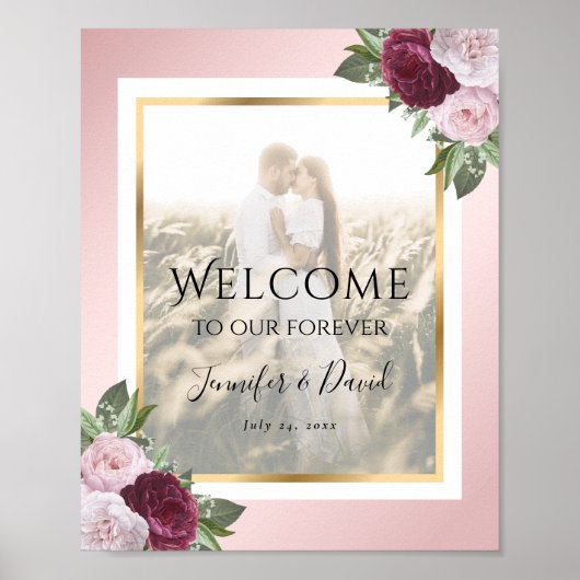 Burgundy Blush Floral Weddenschap Foto Welkomsttek Poster (Voorkant)