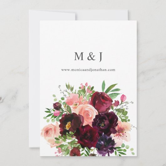 Burgundy & Blush Floral Weddenschap op White V2 Kaart (Achterkant)