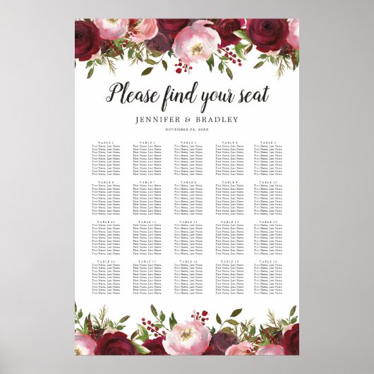 Burgundy Blush Floral Wedding 20 Table Chart Poster (Voorkant)