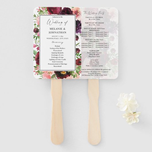 Burgundy & Blush Floral Wedding Ceremony Programme Handwaaier (Voorkant en achterkant)