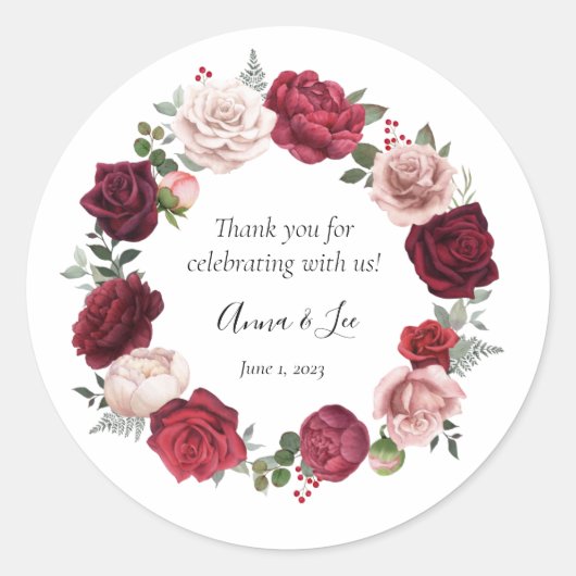 Burgundy Blush Floral Wedding Dank je Stickers (Voorkant)