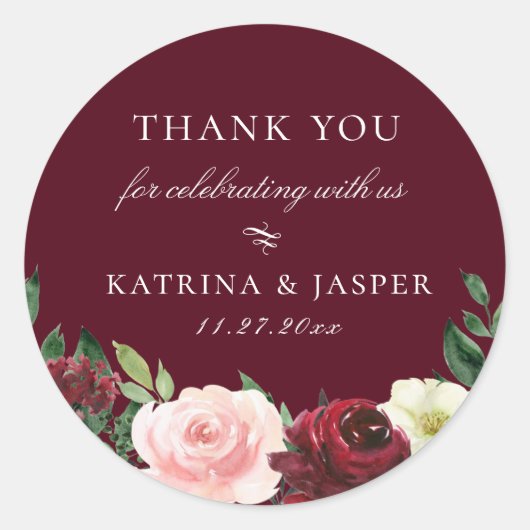 Burgundy Blush Floral Wedding Favor Ronde Sticker (Voorkant)
