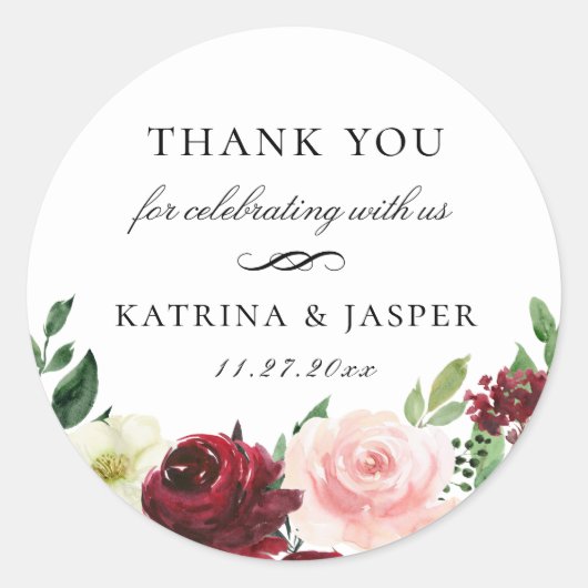 Burgundy Blush Floral Wedding Favor Ronde Sticker (Voorkant)