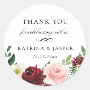 Burgundy Blush Floral Wedding Favor Ronde Sticker