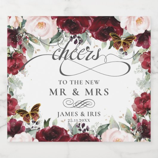 Burgundy Blush Floral Wedding Gold Butterflies Sparkling Wijnetiket (Enkel label)