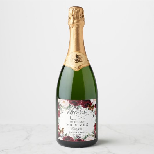 Burgundy Blush Floral Wedding Gold Butterflies Sparkling Wijnetiket (Voorkant)