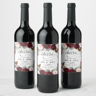 Burgundy Blush Floral Wedding Gold Butterflies Wijn Etiket