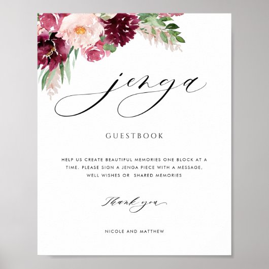 Burgundy Blush Floral Wedding Jenga Guestbook Poster (Voorkant)