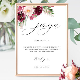 Burgundy Blush Floral Wedding Jenga Guestbook Poster