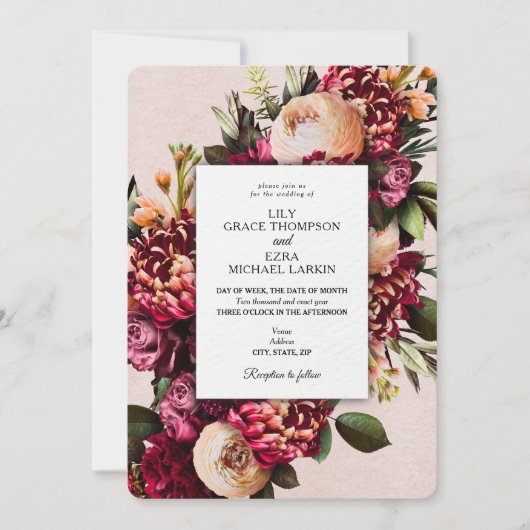 Burgundy & Blush Floral Wedding Kaart (Voorkant)
