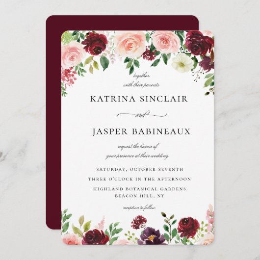 Burgundy Blush Floral Wedding Kaart (Voorkant / Achterkant)