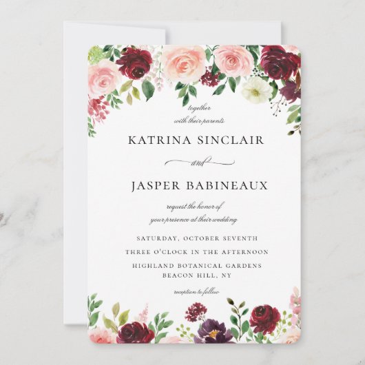 Burgundy Blush Floral Wedding Kaart (Voorkant)