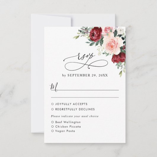 Burgundy Blush Floral Wedding Meal Options RSVP Kaartje (Voorkant)