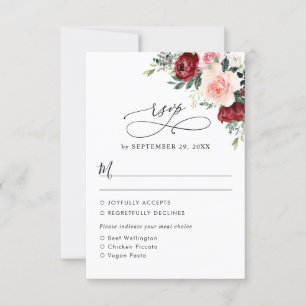 Burgundy Blush Floral Wedding Meal Options RSVP Kaartje