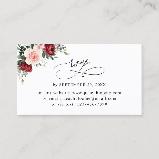 Burgundy Blush Floral Wedding Online RSVP-kaarten Visitekaartje (Voorkant)