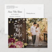 Burgundy Blush Floral Wedding Photo Save the Date Aankondigingskaart (Voorkant / Achterkant)