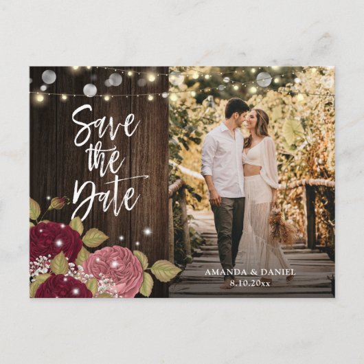 Burgundy Blush Floral Wedding Photo Save the Date Aankondigingskaart (Voorkant)