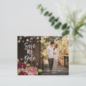 Burgundy Blush Floral Wedding Photo Save the Date Aankondigingskaart (Staand voorkant)
