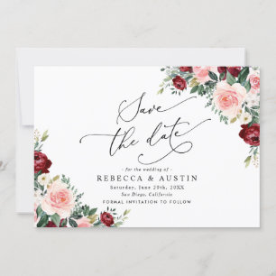 Burgundy Blush Floral Wedding Save the Date Kaart