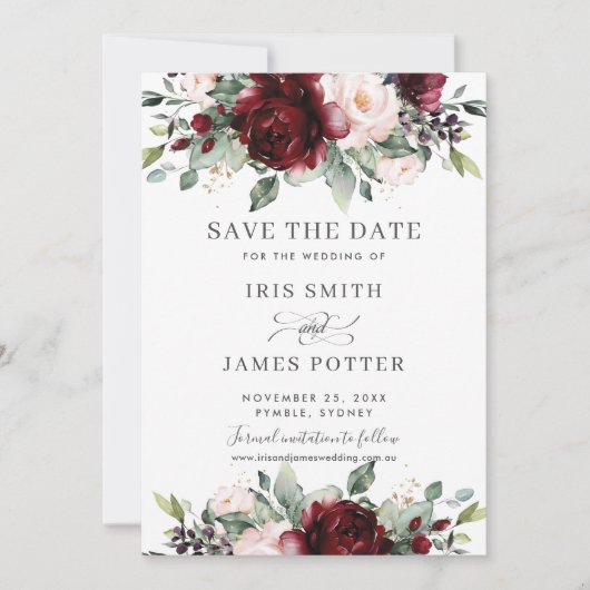 Burgundy Blush Floral Wedding Save the Date Kaart (Voorkant)