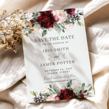 Burgundy Blush Floral Wedding Save the Date Kaart