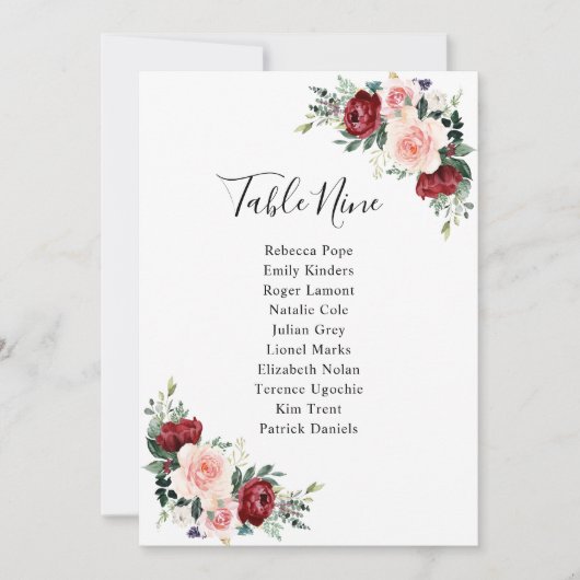 Burgundy Blush Floral Wedding Table Kaarten (Voorkant)