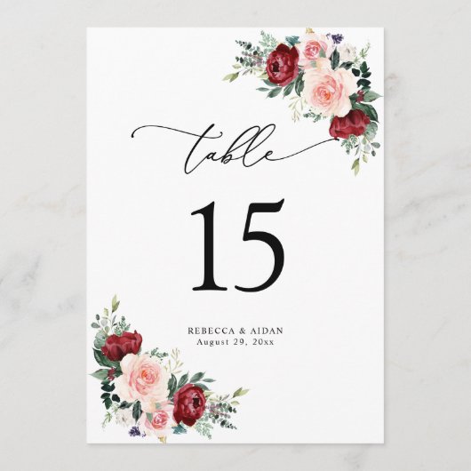 Burgundy Blush Floral Wedding Table Number Kaarten (Achterkant)