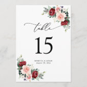 Burgundy Blush Floral Wedding Table Number Kaarten (Voorkant)