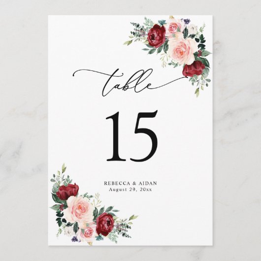 Burgundy Blush Floral Wedding Table Number Kaarten (Voorkant)