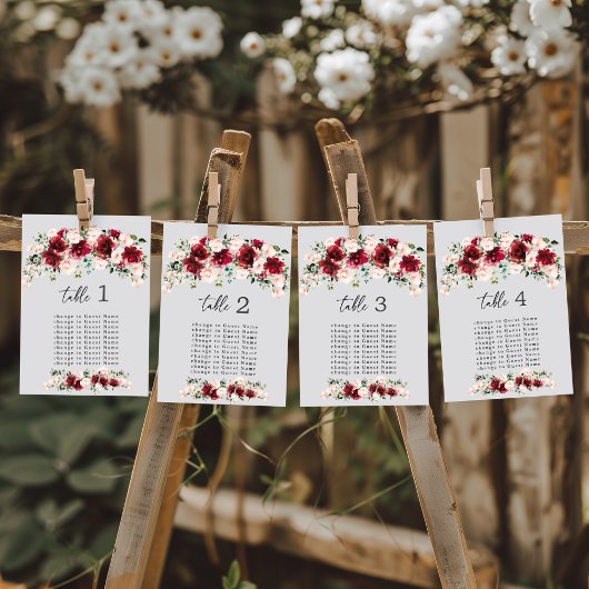 Burgundy Blush Floral Wedding Table Seating Chart