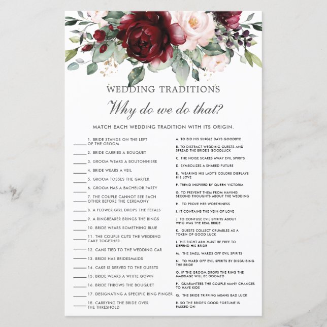 Burgundy Blush Floral Wedding Traditional Game (Voorkant)