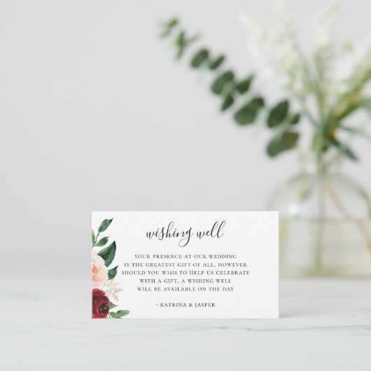 Burgundy Blush Floral Wedding Well Wishing Well Informatiekaartje (Staand voorkant)